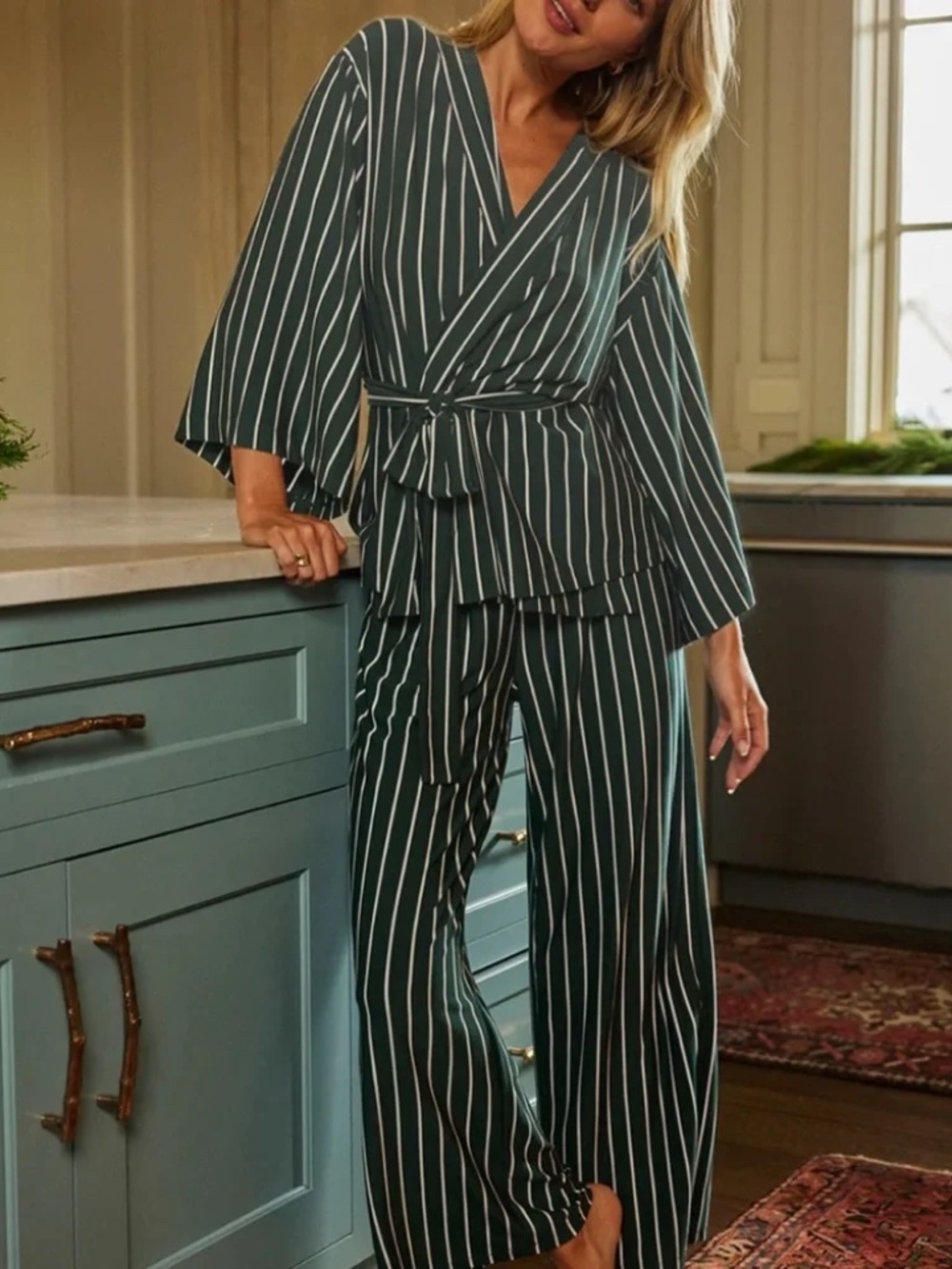 Lake DreamModal® Kimono Pajama Set Size L Green White Vertical Stripe Lounge